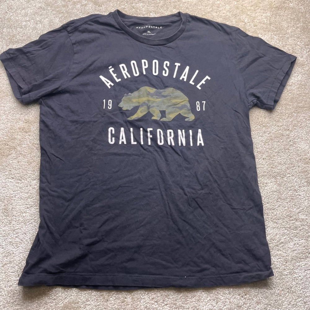 Aeropostale Mens XL California Camo Bear Graphic T-Shirt Charcoal Grey 1987 Tee